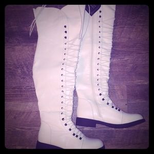 Thigh high zip up white boots